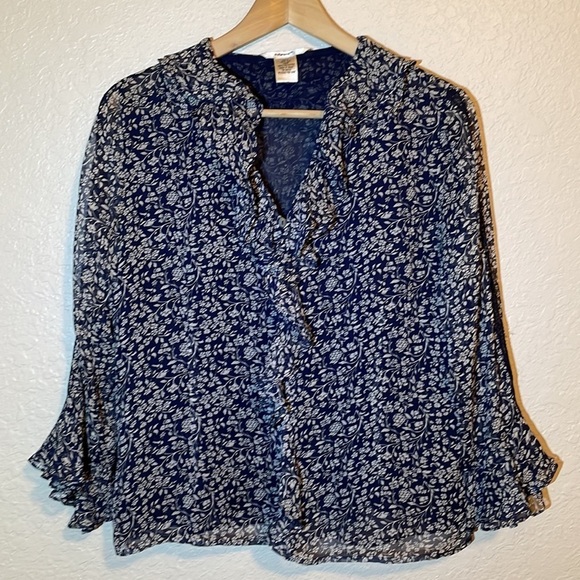 Edward Silk Ruffle Button Front 3/4 Sleeve Blouse Top Women’s Size S Navy Blue - Picture 1 of 5